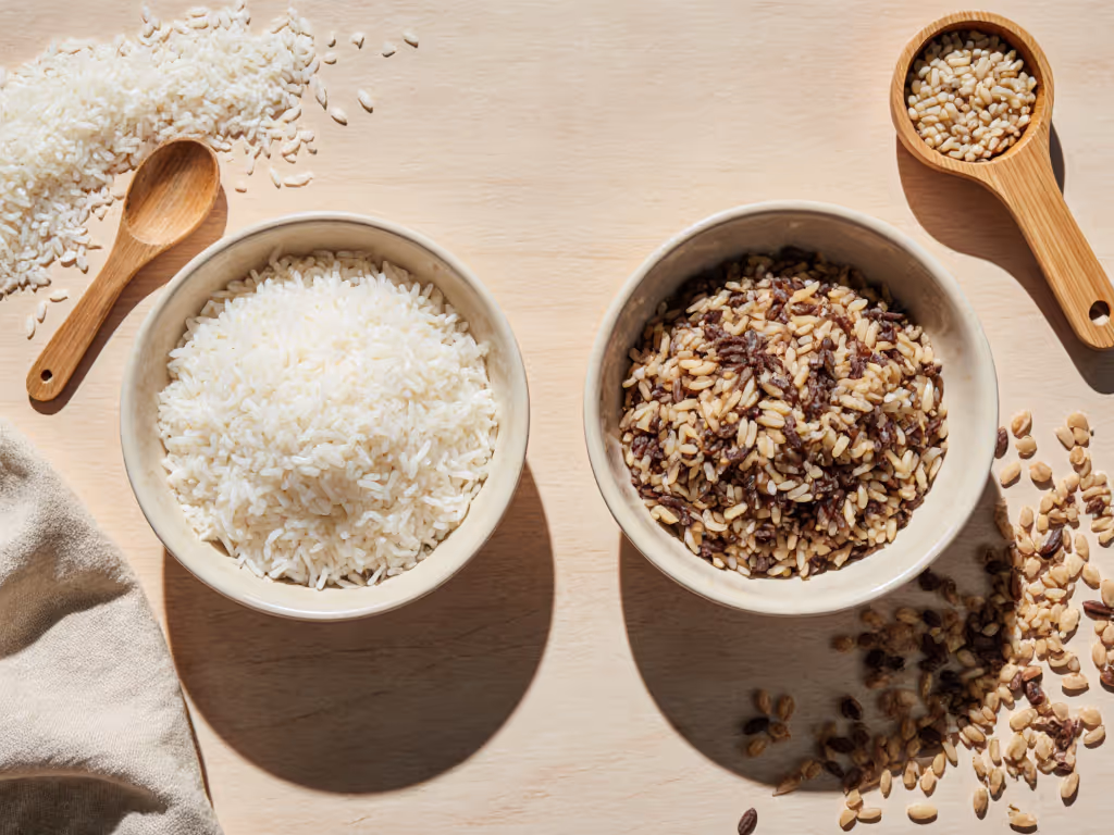 white rice versus brown rice in different bowls