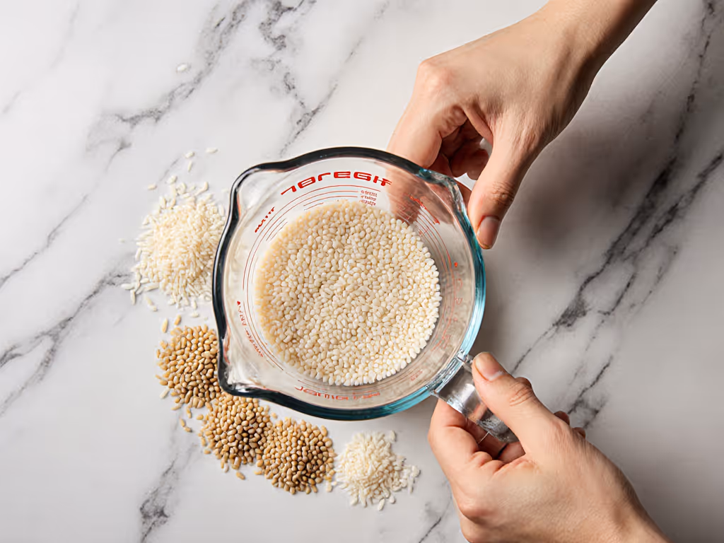 Hands measuring rice in clear measuring cup with water lines marked