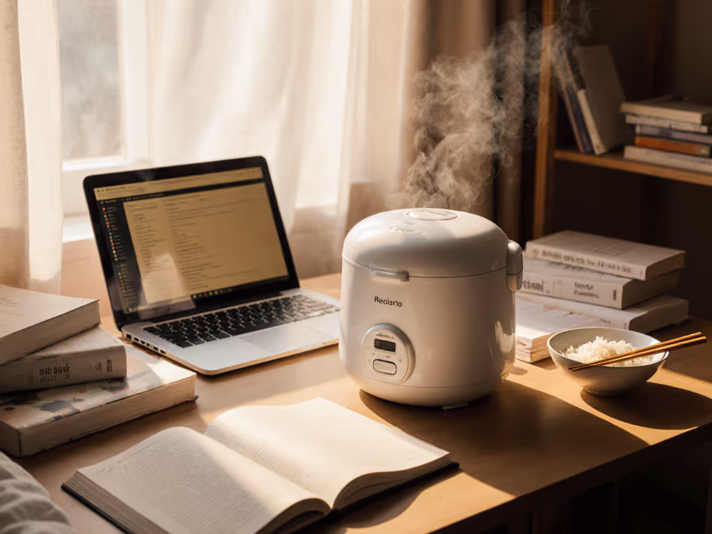 dorm room rice cooker setup with books and laptop