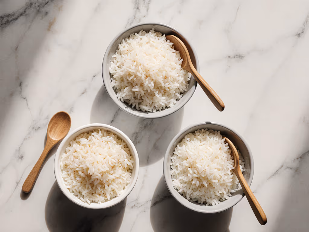close-up_photograph_of_fluffy_cooked_jasmine_rice_separate_basmati_grains_and_sticky_sushi_rice_in_three_small_bowls_labeled_with_cooking_method_and_cooker_model